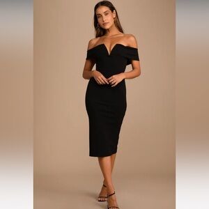 Lulus My Favorite Night Black Off-the-Shoulder Bodycon Midi Dress Black Small